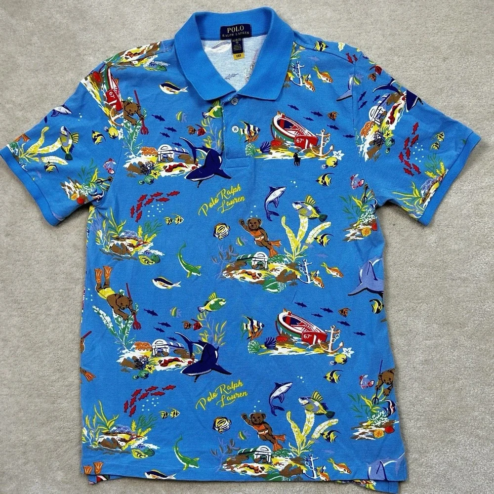 Ralph Lauren Polo Shirt Boys XL 18-20 Scuba Bear All Over Print Summer Mesh Knit